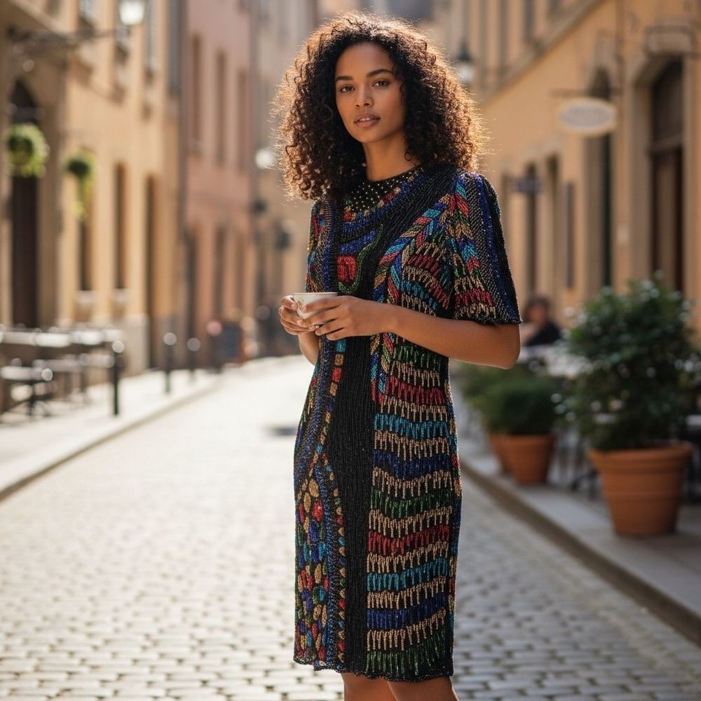 Vintage Multicolor Beaded & Sequin Dress | Eves Allure | Size Medium | Made in I